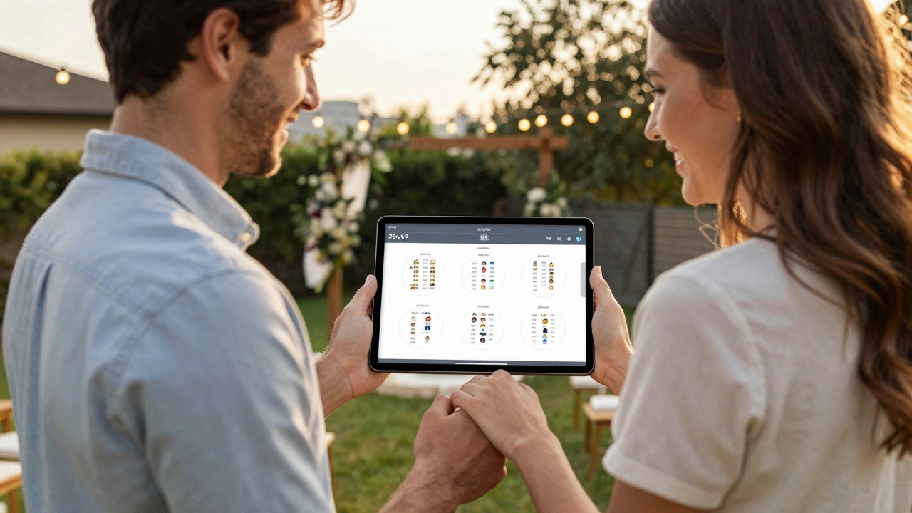 A couple using a tablet to plan seating arrangements for their backyard wedding with Zola&#039;s drag-and-drop tool.