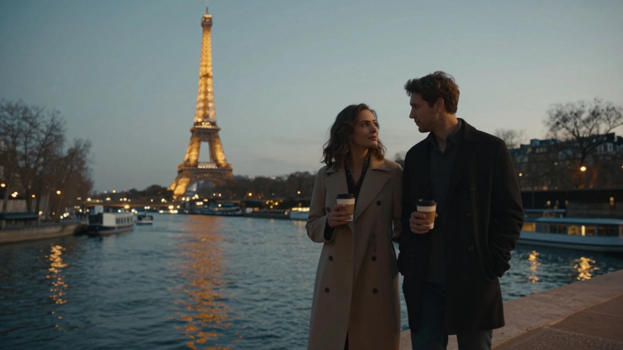 A couple walking along the Seine at sunset, Eiffel Tower glowing in the distance, peaceful and connected.
