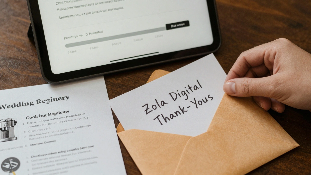 A hand placing a thank-you note beside a tablet displaying Zola&#039;s digital thank-you tracking system.