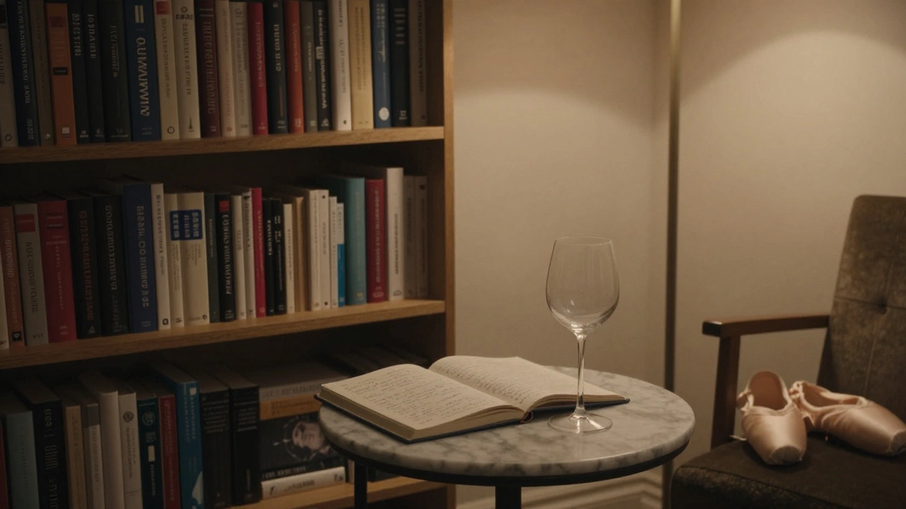 An empty but lived-in Paris apartment with books, wine glass, and ballet slippers, evoking quiet intimacy.